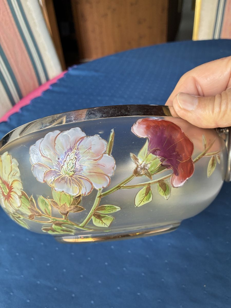 WMF Bicchieri: WMF grosse Glasschale mit floraler Emailmalerei – Usato da Dornach venduto da Rosengarten 7