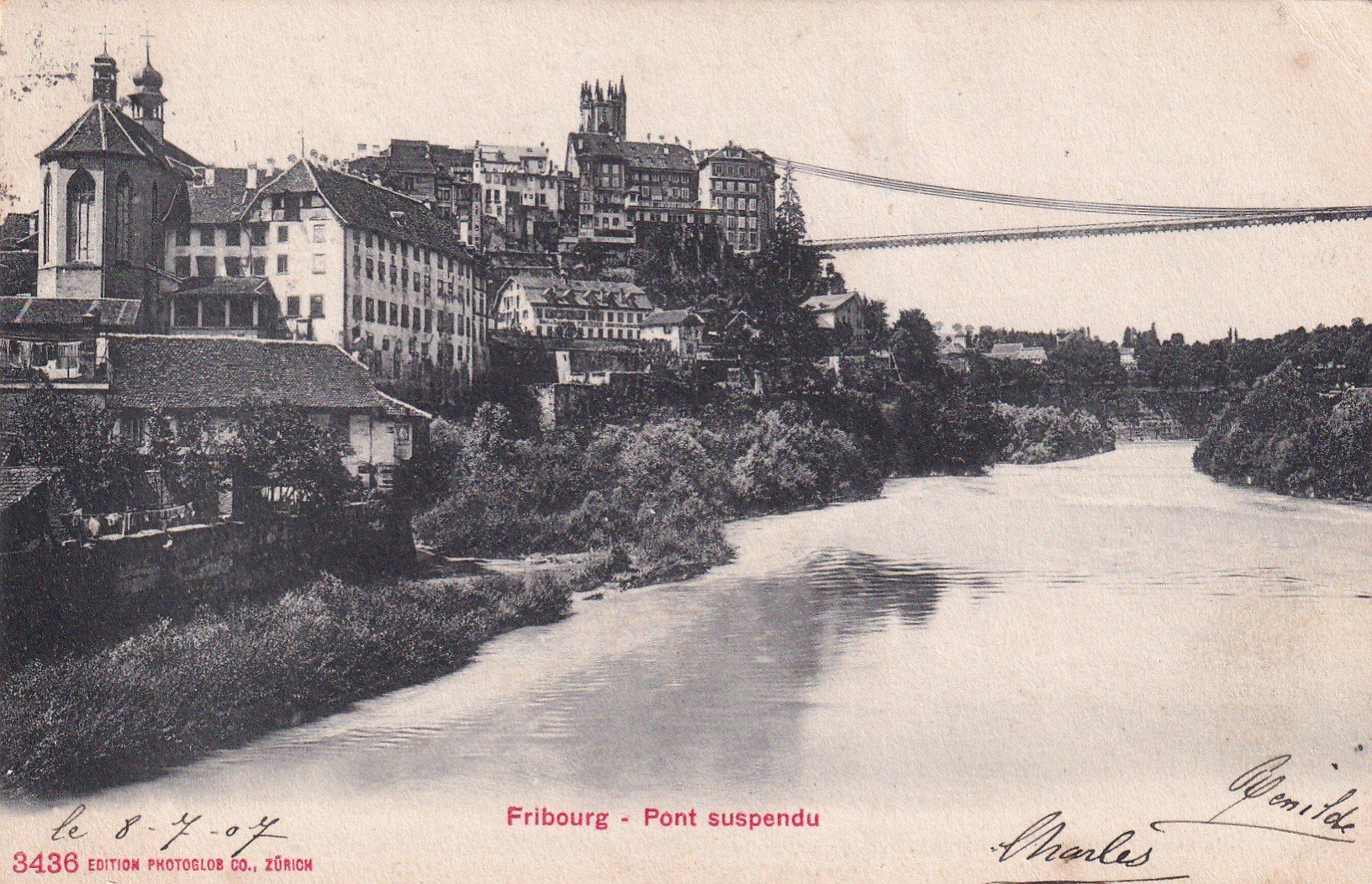 Cartoline postali: Fribourg - Pont suspendu 1907 – Usato da Cormoret venduto da Pascalll2001