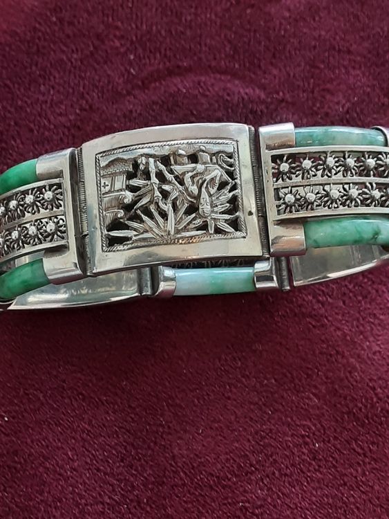 Joli Bracelet Ancien Années 1960/70 En Argent Rhodié Avec Pierre Verte – Longueur 18,5 Cm