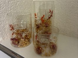 3er Set Glas-Teelichthalter mit Trockenblumen