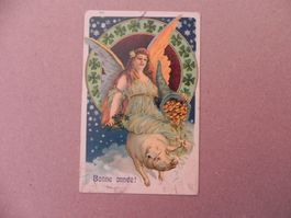 Karte Motiv Humor mit Schwein Sau 1907 Glück Kleeblatt Engel