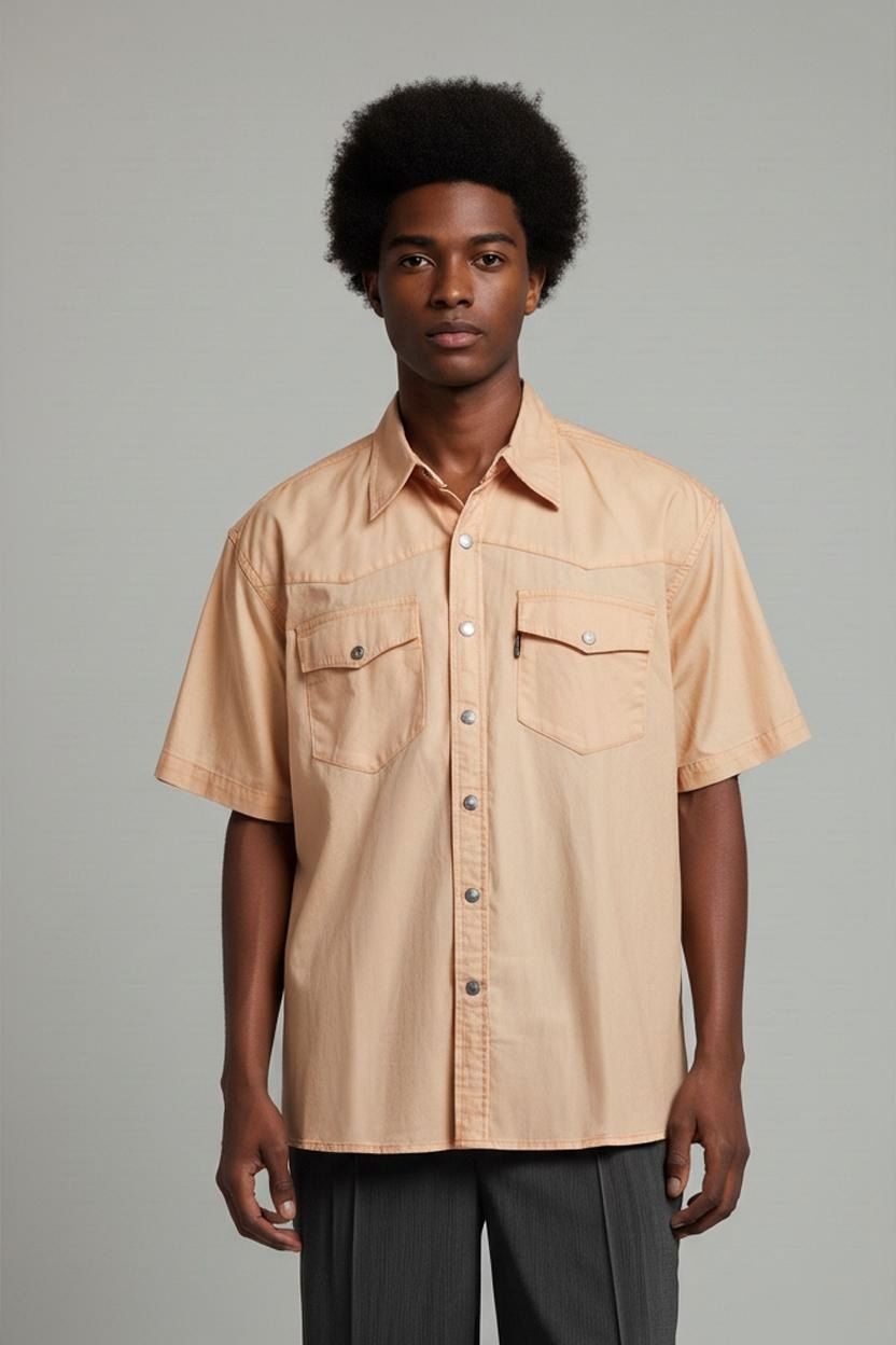 Camicie: John Baner Pfirsichfarbenes Kurzarm-Button-Down-Hemd - – Usato da Zug venduto da vinokilo