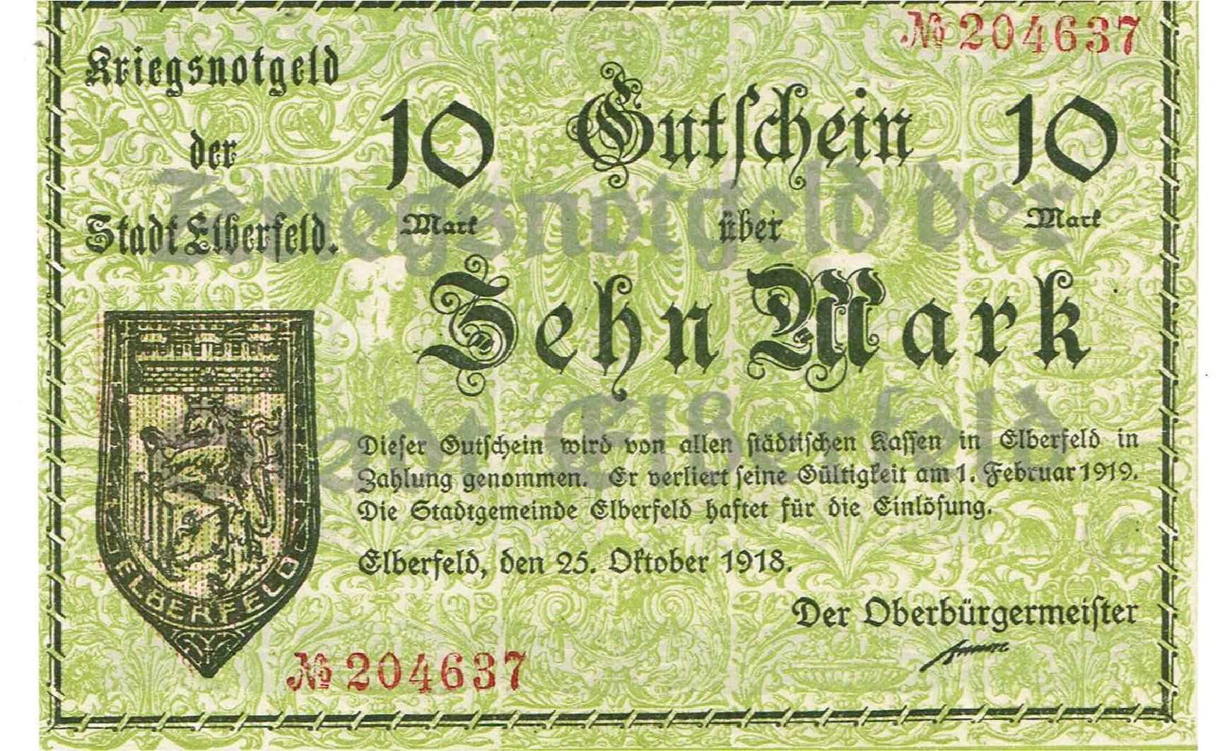 Banconote: Elberfeld 10 Mark 25.10.1918 VZ+-VZ++ – Usato da Steffisburg venduto da ber_8htf