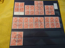 1938, LOT ZIFFER/KREUZ, VIERERBLÖCKE VOLLSTEMPEL, 9 STÜCK