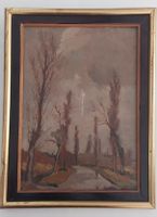 Vintage Ölgemälde auf Maltafel, Landschaft mit Allee