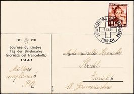 1941: Tag der Briefmarke ZÜRICH mit Nr. J98 auf offiz. Karte