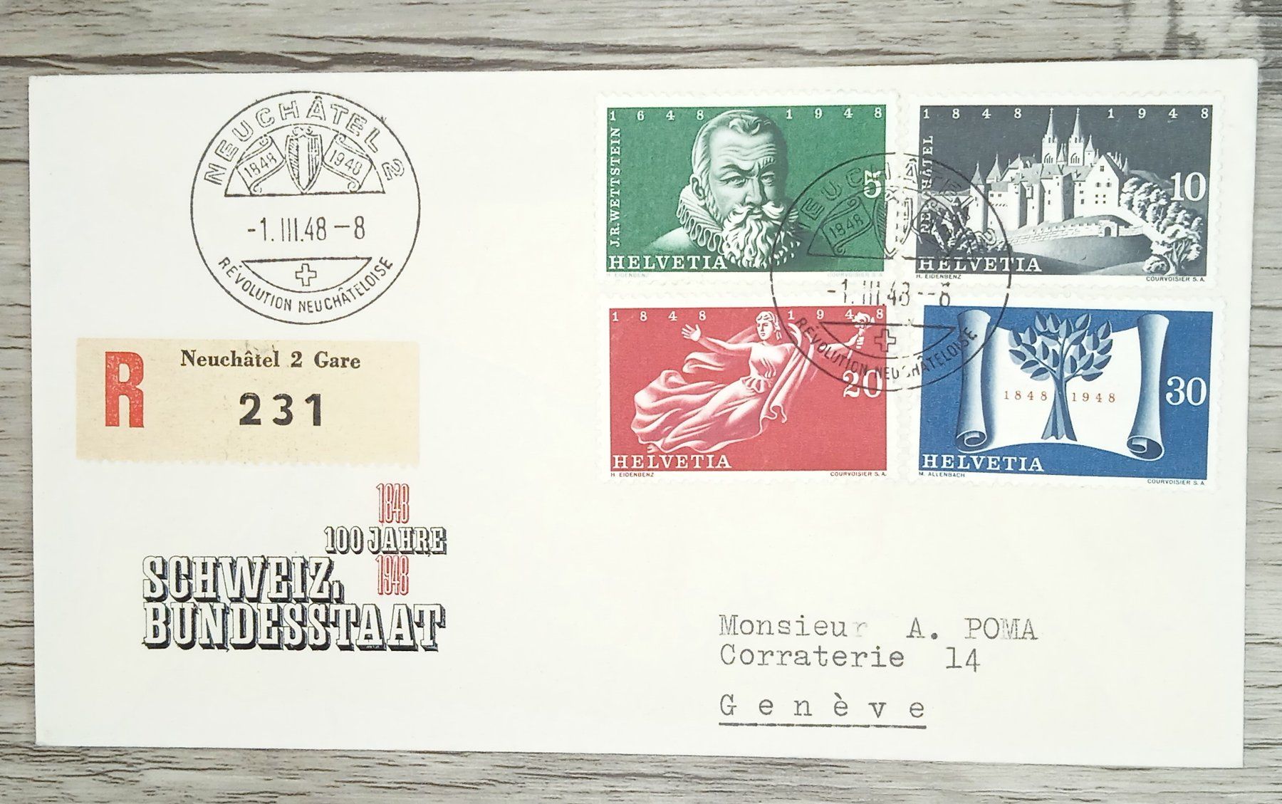 Tutti i francobolli: TR20 Enveloppe + Timbre Suisse 1948 – Usato da Cousset venduto da Patrick_Collections