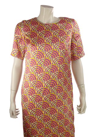 Algo Seidenkleid Gr. L – 100% Seide – Orange Pink Muster