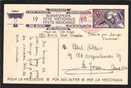 FDC Bundesfeierkarte 1928 Nr. 48 ll,Flug Zürich-Brüssel, rot