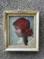 Schönes altes Ölgemälde, Portrait Frau mit rotem Kopftuch