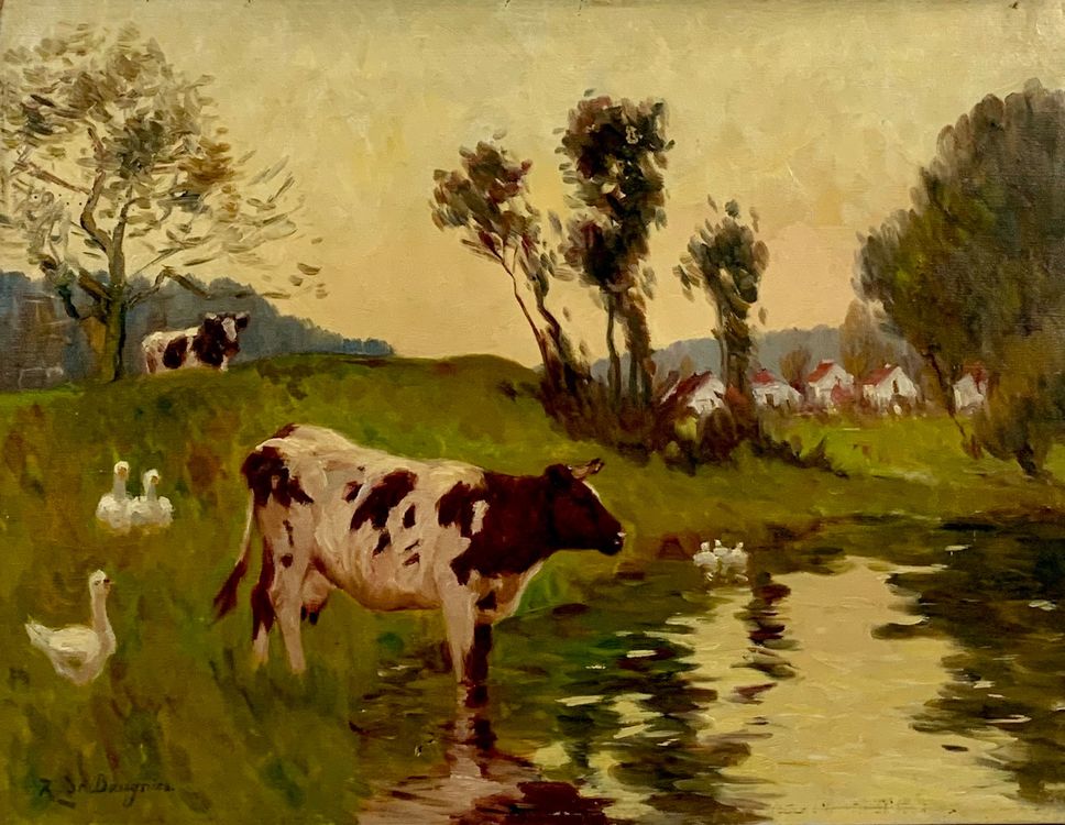René de Baugnis (18691962) Gemälde Kühe & Enten am Teich Kaufen auf
