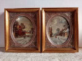 2 Ölgemälde signiert Vici Winterlandschaft Gold-Holzrahmen