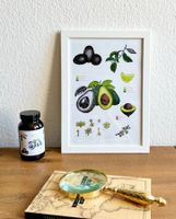 A4 Druck Print von Handgemalte Botanische Avocado mit Rahmen