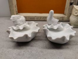 2 Schalen mit Tiermotiv Hase und Vogel aus Porzellan alt
