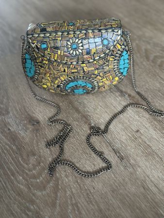 Vintage Sajai eingelegte Umhängetasche aus Metall Messing