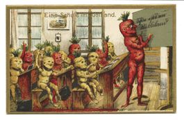 Eine Schule im Rüebliland (AG) vermenschlichte Rüebli  Litho