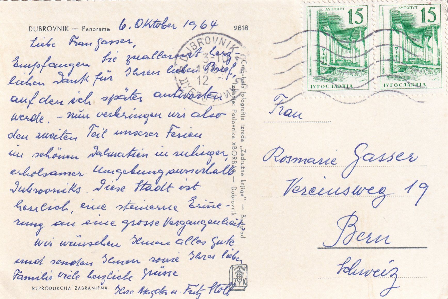 Cartoline postali: Dubrovnik /mp – Usato da Hombrechtikon venduto da Rudolf07 1