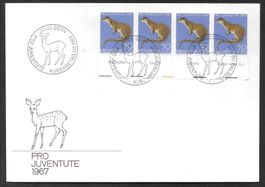 FDC Pro Juventute J223 Viererstreifen ET Bern 1.12.1967 Tabs
