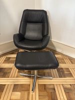 Sessel mit Hocker Leder schwarz, drehbar, gebraucht