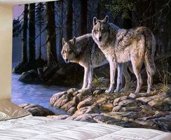 Wandbehang Wolf am Fluss Wolfspaar Wölfe 95cm x 73cm