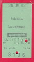 SBB KARTON BILLETT, PALÉZIEUX-LAUSANNE, 1.KLASSE,RETOUR,1983