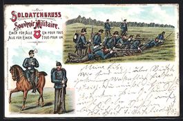 Litho Soldaten in Uniform mit Gewehren a