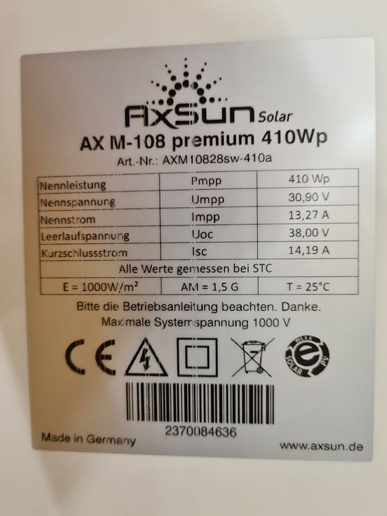 Photovoltaikmodule 410 Watt AxSun aus Deutschland 18 Stück (Neu (gemäss ...