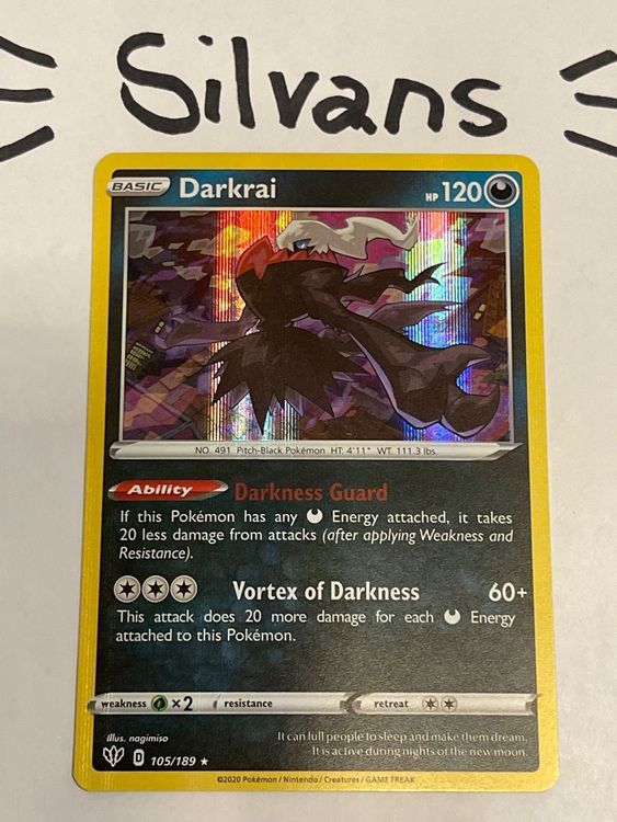 Darkrai 105/189 Card Pokemon Darkness Ablaze Card Lot - Darkrai 105/189 &  Cresselia Legendary Rare Card Set (Sword & Shield) Cresselia Legendary Card