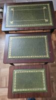 3 Tables gigognes vintage en bois marron et cuir vert