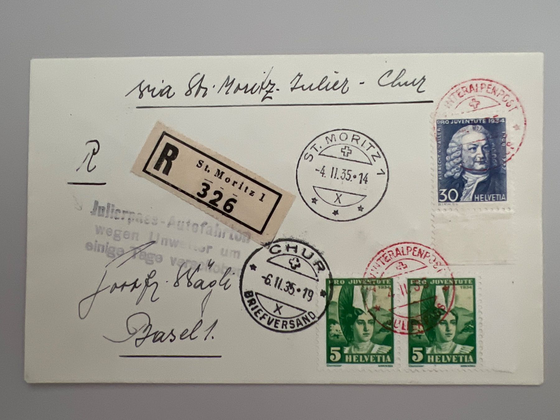 Tutti i francobolli: 1935 Winteralpenpost Julier Eings. Bf mit PJ69+72 – Usato da Buchrain venduto da wmm