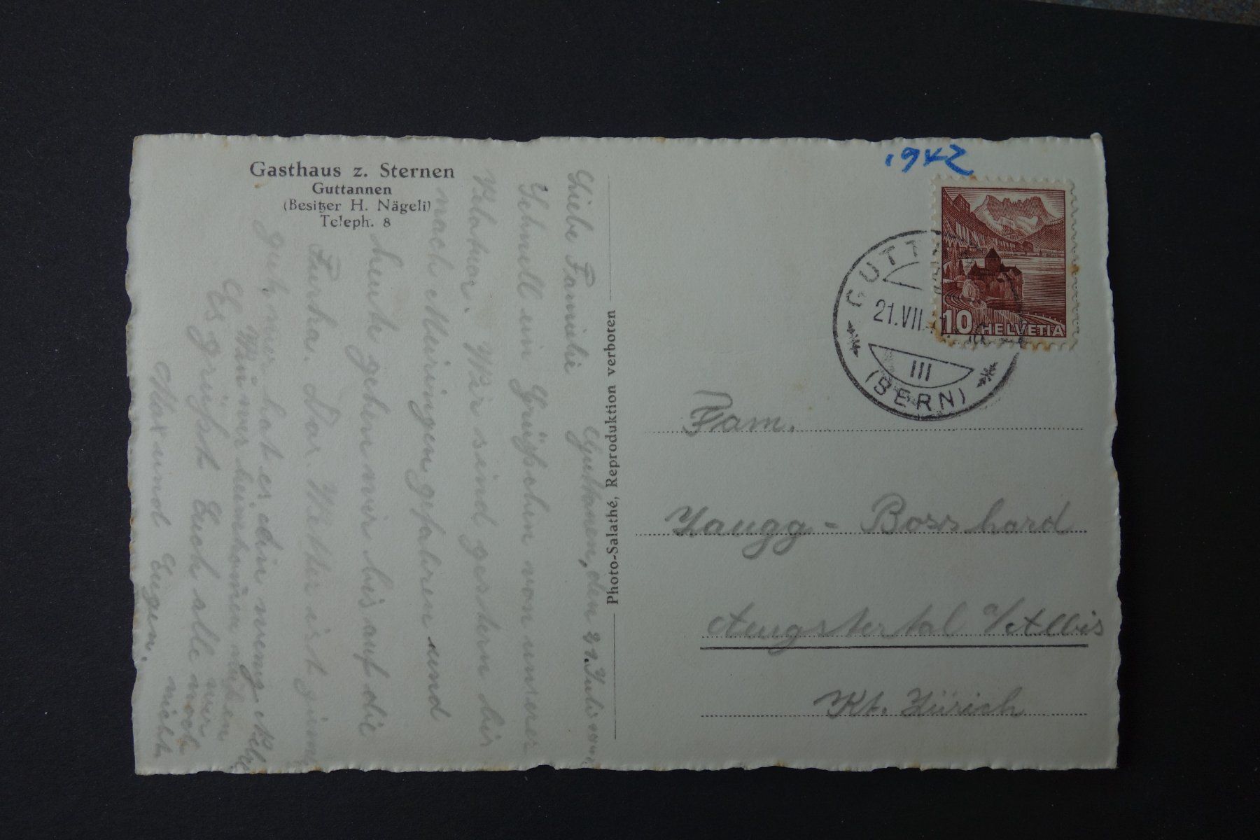 Cartoline postali: Ansichtskarte Guttannen BE, Restaurant Sternen 1941 – Usato da Stein am Rhein venduto da Laffoni 1