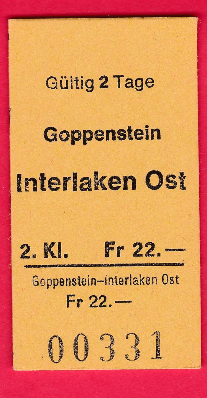 Biglietti: KARTON BAHNBILLETT, GOPPENSTEIN-INTERLAKEN OST, 2.KL,EINFACH – Usato da Oberrieden venduto da Gebirgsstelze
