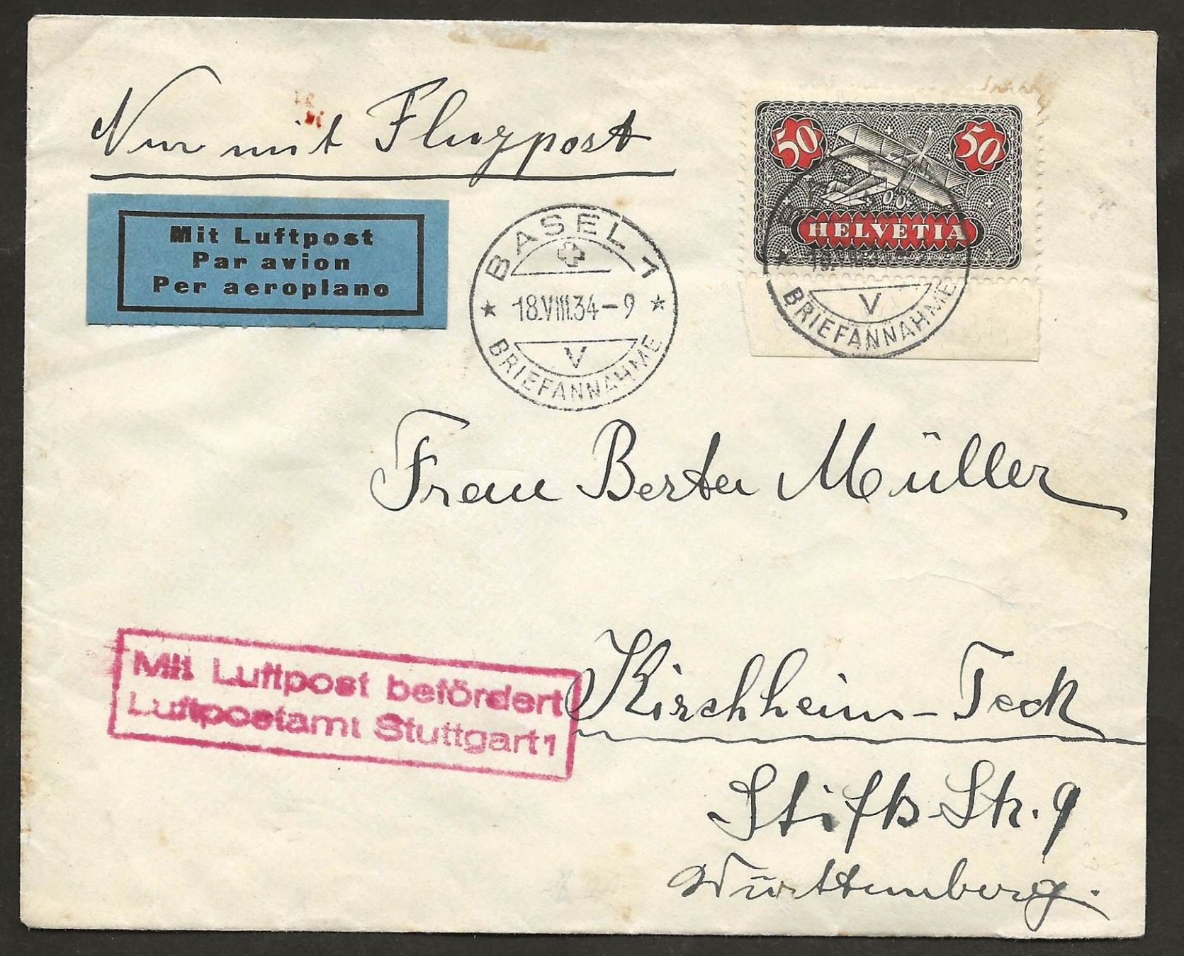 Tutti i francobolli: Flugpost Schweiz 1934 Basel Stuttgart Luftpost – Usato da Au ZH venduto da xelagreb01