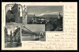 Passepartout-AK Aarau, Schlössli, Kettenbrücke, Marktbrunnen