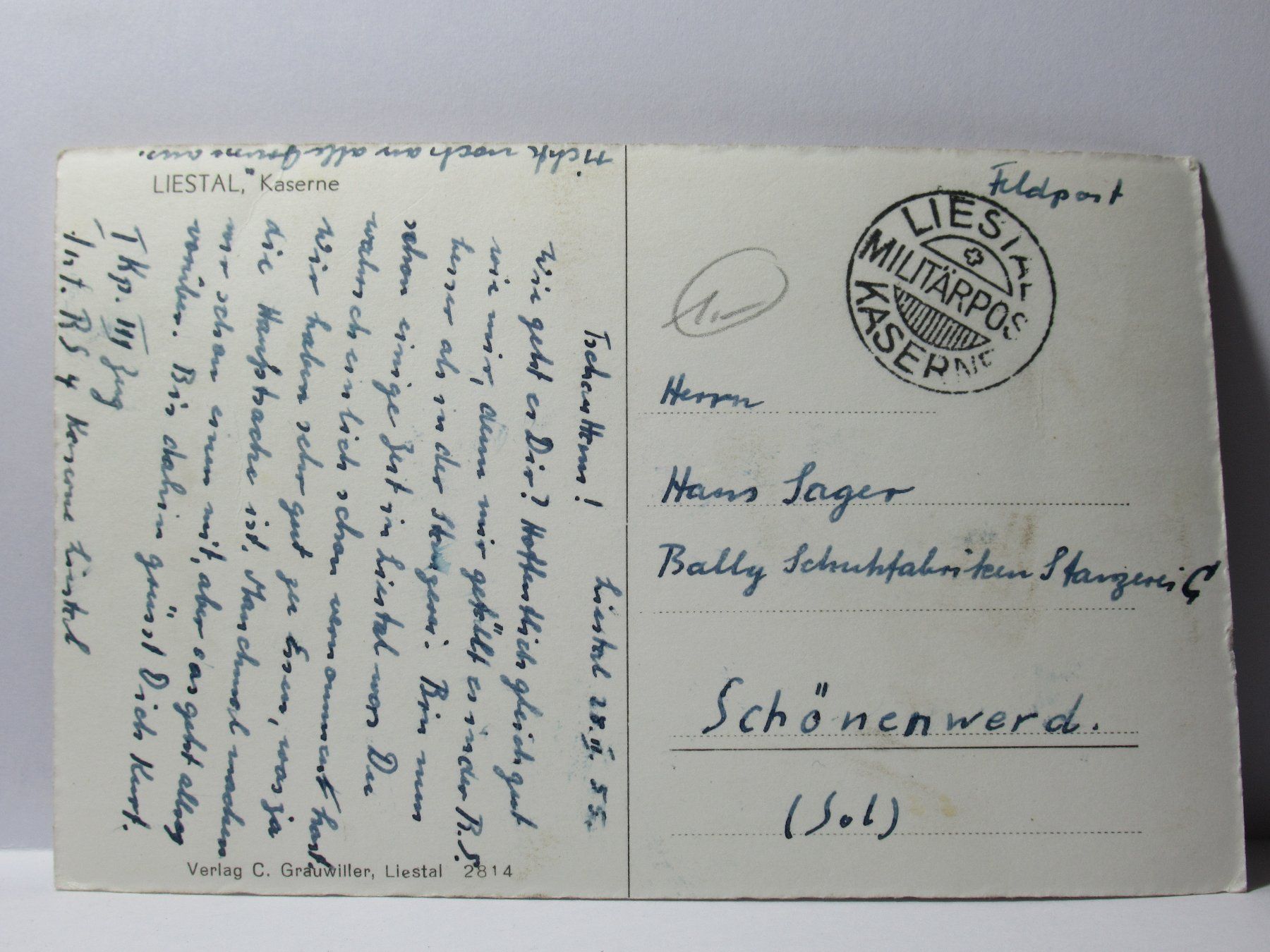 Cartoline postali: Liestal , Kaserne , Feldpost 1955 – Usato da Grenchen venduto da Bluemchen1900 1