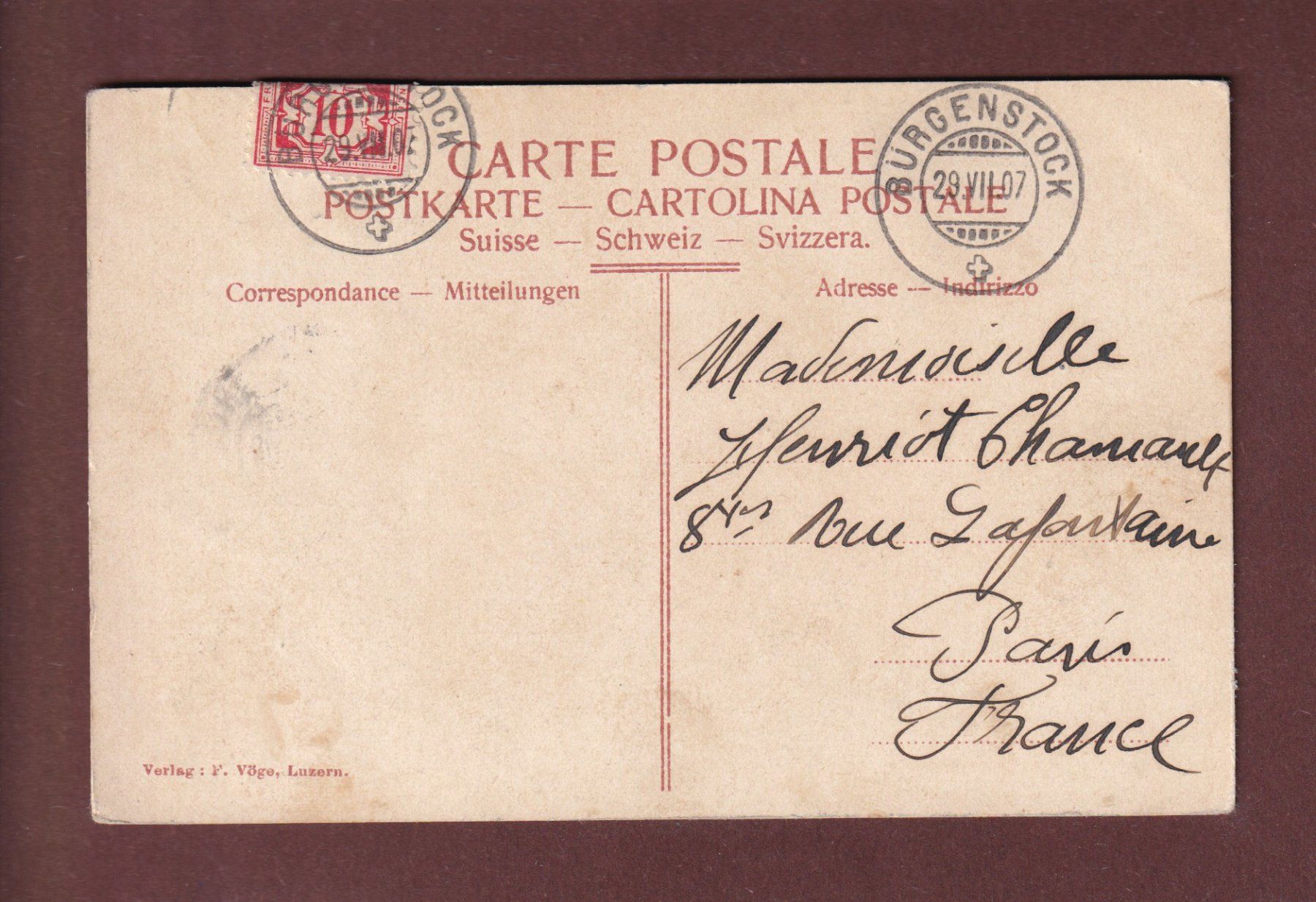 Cartoline postali: BÜRGENSTOCK - 1907 – Usato da Pully venduto da nicecards-shop 1