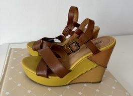 Keilsandaletten Gr. 37 – Braun Gelb Leder, 10 cm Absatz