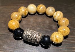 ✨Armband - Schwarzes Achat & versteinertes Holz + Metall ✨