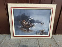 Gemälde: Fischerboote im Nebel, Original, Signiert