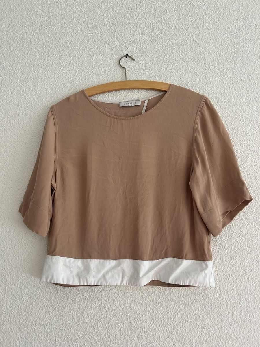Sandro Top: Haut Sandro Paris, beige et blanc, taille 1 – Usato da Morges venduto da cat_6cm9