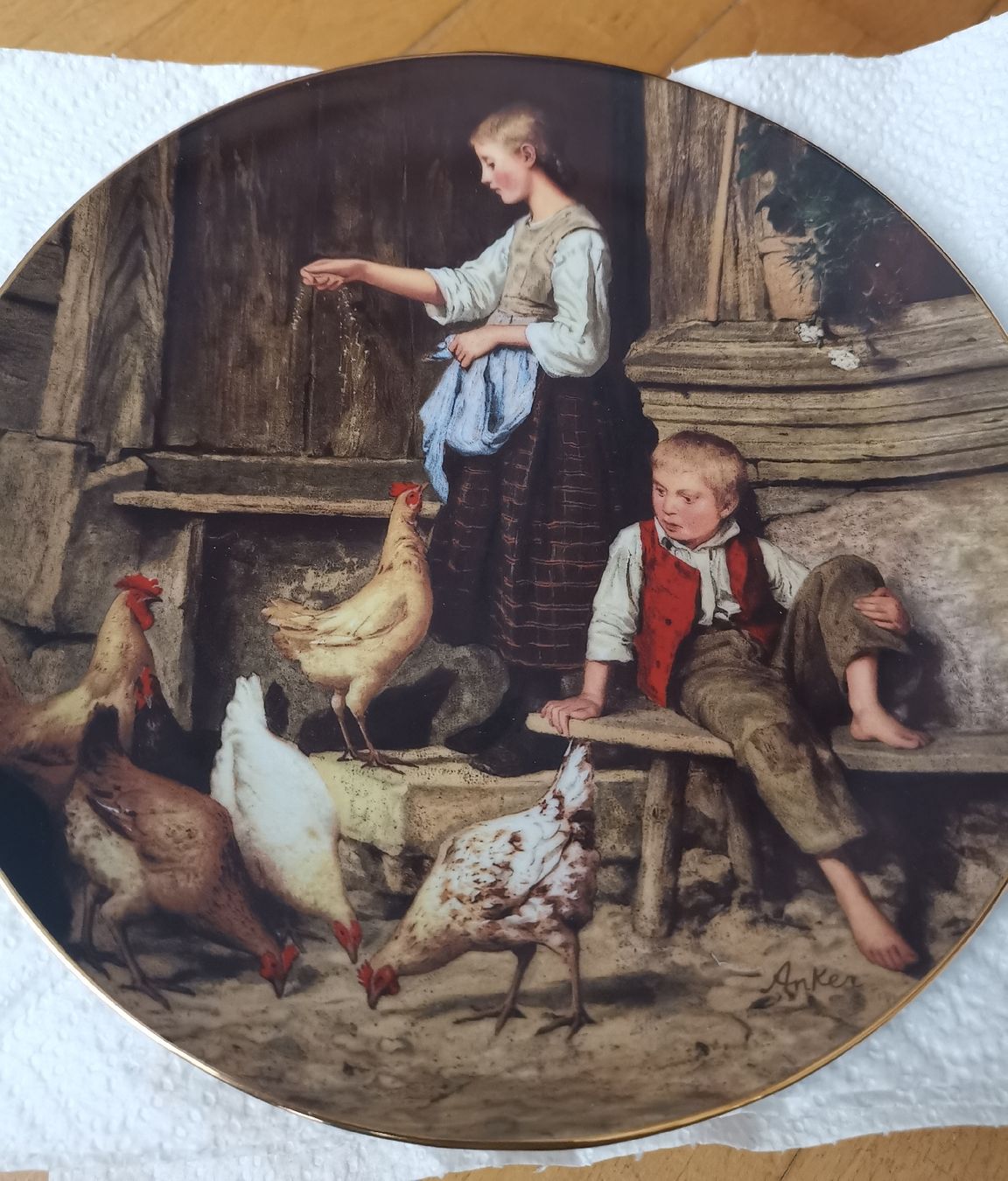 Piatti: Ankerteller, Sammelteller, "Mädchen Hühner fütternd" – Usato da Egg b. Zürich venduto da Pronsch