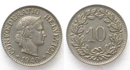 EIDGENOSSENSCHAFT 10 Rappen 1940 Ku-Ni ERHALTUNG! vz-unz