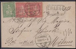 1877: Seltenes Chargé-Brieflein von Lugano-Milano