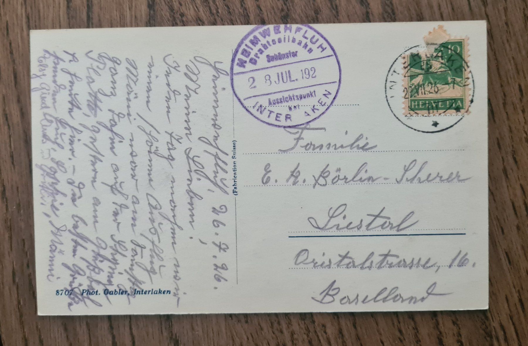 Cartoline postali: Interlaken Heimwehfluh 1926 – Usato da Ebikon venduto da Donar50 3
