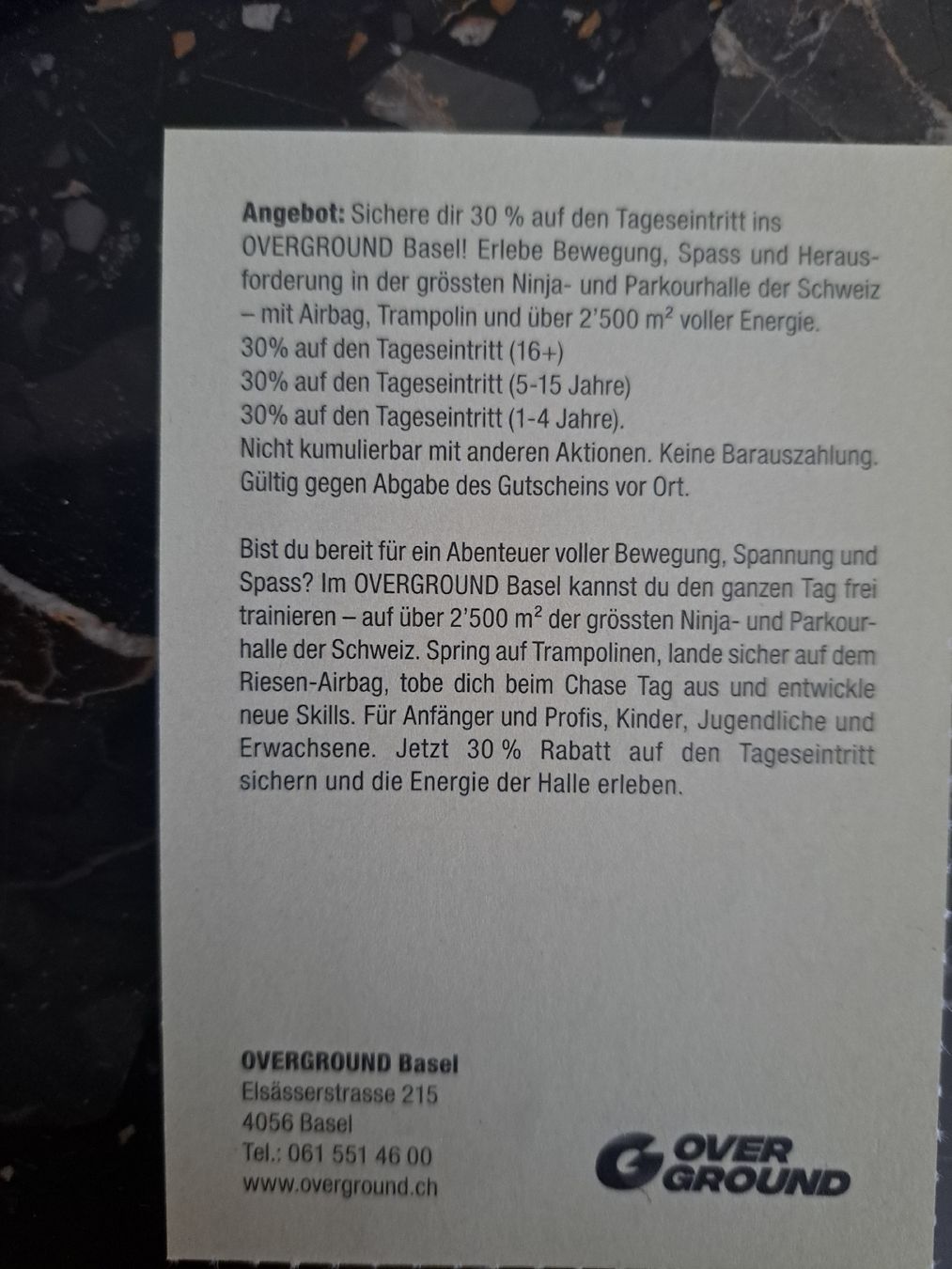 Buoni: Overground Basel: 30% Rabatt auf Tageseintritt, 4 Pers. – Nuovo e nell'imballaggio originale da Gelterkinden venduto da sonne1976 1