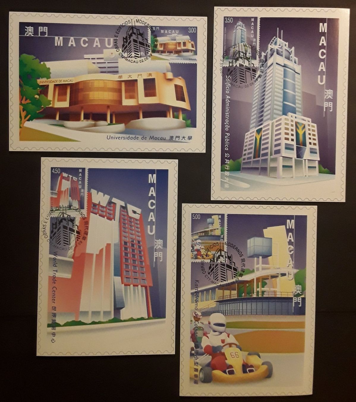 Alle Briefmarken: 1999: Macau Obras e Edificios Serie **/ 2 FDC/ Maxi-PK Serie – Gebraucht aus Walperswil von Tcheidi 3