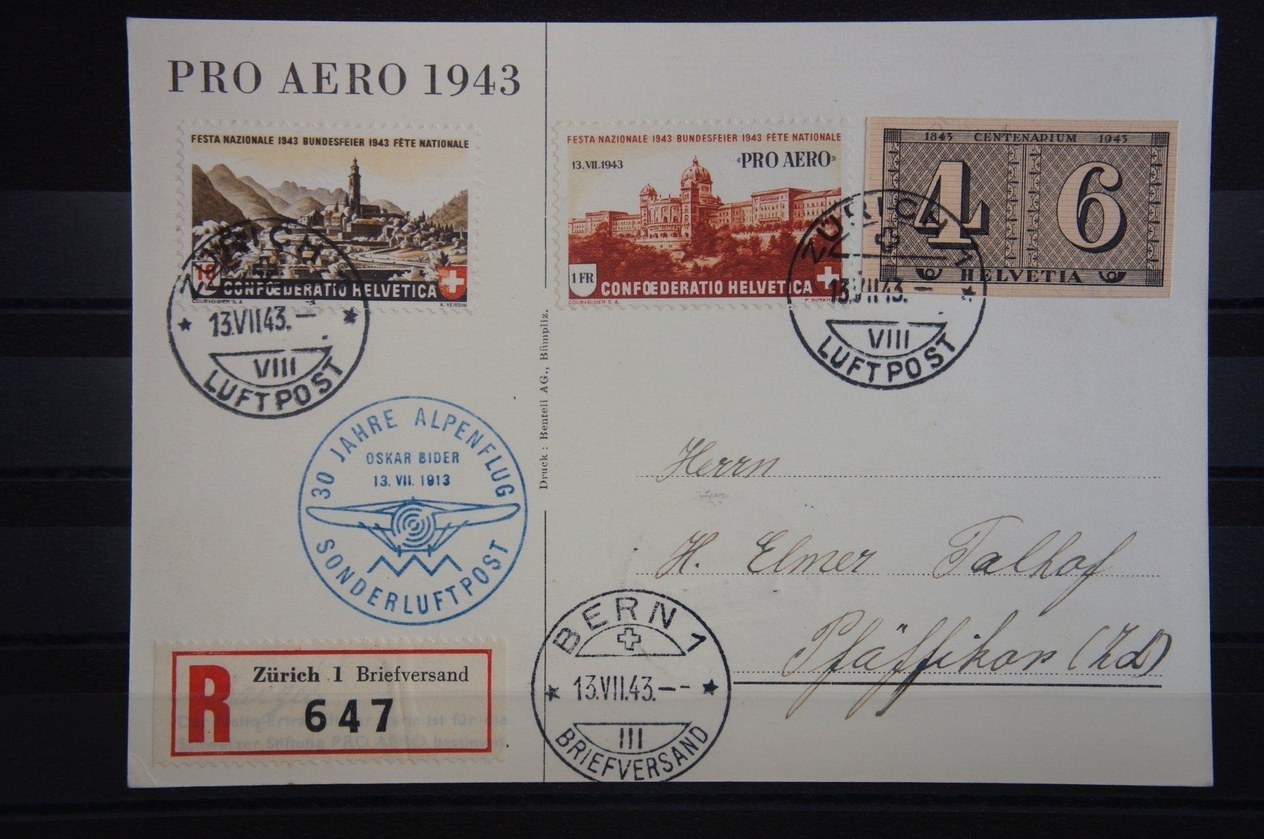 Tutti i francobolli: CH - Flugpost - Sonderflug - SF 43.1b – Usato da Rombach venduto da VENTIS-Auktionen