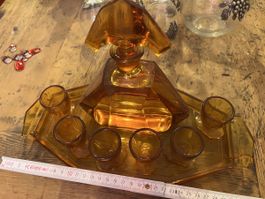 Vintage Art Deco Likörservice, Glas bernsteinfarben, Top!