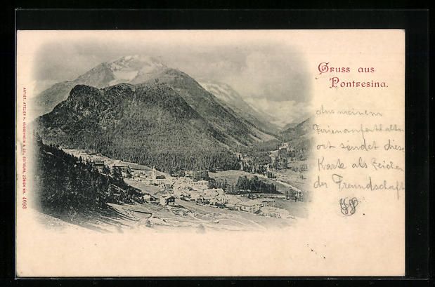 Cartoline postali: AK Pontresina, Teilansicht mit Bergen – Usato da Berlin venduto da bartko-reher