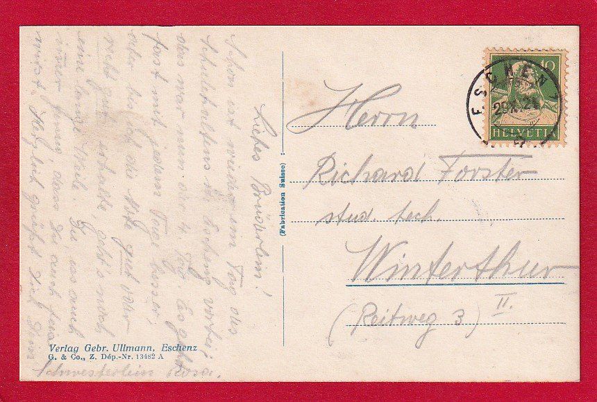 Ansichtskarten: AK ESCHENZ 1924 – Gebraucht aus Grüningen von Kartensammler 1